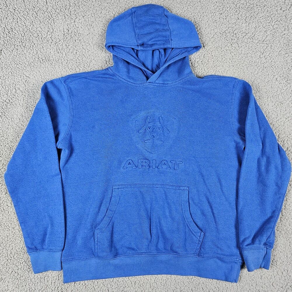 Ariat Hoodie Youth Large 14/16 Blue Pullover Embossed Logo Spellout Western Work